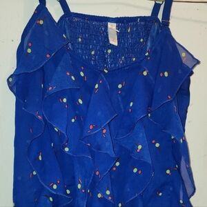 Blue Ruffled Tank Top with Colorful Dots